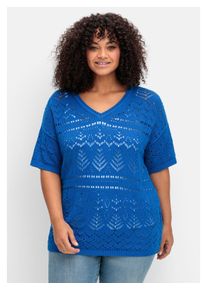 sheego Damen V-Ausschnitt-Pullover "Große Größen", blau, casual, Gr. 44, unifarben, Grobstrick, Obermaterial: 100% Baumwolle, Pullover, im