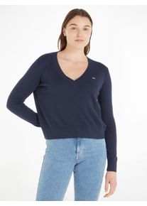 Tommy Jeans Damen V-Ausschnitt-Pullover "TJW ESSENTIAL VNECK SWEATER", blau, casual, Gr. XS, unifarben, Strick, Obermaterial: 53% Baumwolle, 40%