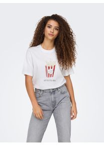 Only Damen Kurzarmshirt "ONLBURST LIFE S/S POPCORN TOP BOX JRS"hellweiß print:attitude, modisch, Gr. M, bedruckt, Jersey, Obermaterial: 100%