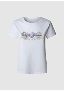 Pepe Jeans Damen T-Shirt "AVA", weiß, casual, Gr. XS, bedruckt, Single Jersey, Obermaterial: 100% Baumwolle, Shirts, mit floralem Print