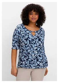 sheego Damen T-Shirt "Große Größen", blau, casual, Gr. 52, gemustert, Obermaterial: 95% Viskose, 5% Elasthan, Shirts, mit Alloverprint und Cut-out