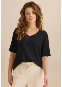 Cecil Damen Kurzarmbluse, schwarz, casual, Gr. M, unifarben, Stoff, 55% Polyester, 44% Viskose, 1% Elasthan, Blusen, mit V-Ausschnitt