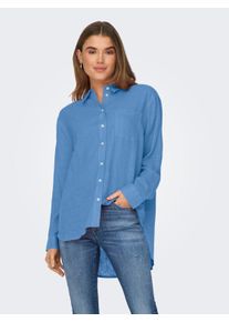 Only Damen Longbluse "ONLTOKYO L/S LINEN BLEND SHIRT", blau, modisch, Gr. XS, unifarben, Web, Obermaterial: 55% Leinen, 45% Viskose, Blusen, mit