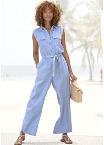 Buffalo Damen Overall, blau, modisch, Gr. 44, unifarben, Web, Obermaterial: 55% Leinen, 45% Viskose, Overalls, aus Leinenmix, sommerlicher Jumpsuit