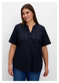 sheego Damen Kurzarmbluse "Große Größen", blau, feminin, Gr. 56, unifarben, Obermaterial: 100% Baumwolle, Blusen, aus Lochspitze, mit