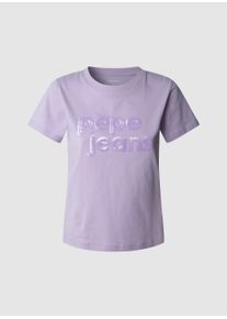 Pepe Jeans Damen T-Shirt "ARIA"419lila, casual, Gr. L, unifarben, Single Jersey, Obermaterial: 100% Baumwolle, Shirts, mit Ton-in-Ton Paillettenbesatz