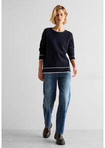 Street One Damen Strickpullover, blau, casual, Gr. M, unifarben mit Farbeinsatz, Web, 100% Baumwolle, Pullover, aus Feinstrick
