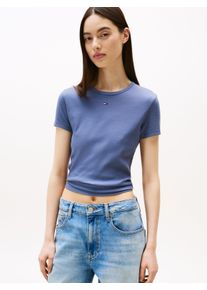 Tommy Jeans Damen T-Shirt "TJW SLIM ESSENTIAL RIB SS"blau moment, casual, Gr. M, unifarben, Rippware, Obermaterial: 95% Baumwolle, 5% Elasthan,