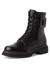 Tamaris Damen Schnürboots, Gr. 37, schwarz, Glattleder, unifarben, klassisch, Schuhe, Blockabsatz, Schnürstiefelette mit auffälliger Zierschnalle