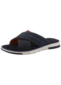 Tom Tailor Herren Pantolette, Gr. 41, blau, Lederimitat, Textil, casual, Schuhe, Sommerschuh, Schlupfschuh, Bequemschuh mit plakativem Logoschriftzug