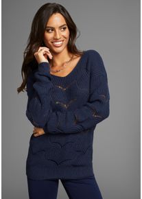 Laura Scott Damen Strickpullover, blau, feminin, Gr. 46, Ajourstrickmuster, unifarben, Strick, Obermaterial: 100% Polyacryl, Pullover, mit modischem