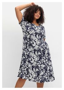 sheego Damen Jerseykleid "Große Größen", blau, feminin, Gr. 50, gemustert, Obermaterial: 95% Viskose, 5% Elasthan, Kleider, in A-Linie, mit