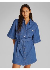 Damen Jeanskleid "LINEN BOXY BELTED SHIRT DRESS", blau, casual, Gr. XS, Calvin Klein Jeans, unifarben, Denim/Jeans, Obermaterial: 100% Baumwolle,