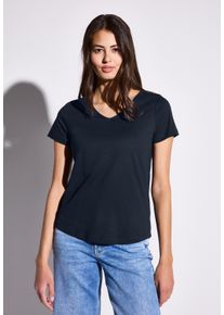 Street One Damen T-Shirt, blau, casual, Gr. 42, unifarben, Web, Stoff, 50% Baumwolle, 50% Modal, Shirts, mit V-Ausschnitt