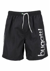 Bugatti Herren Badeshorts "Giovanni", schwarz, Gr. M, unifarben, kontrastfarbene Details, Microfaser, Polyester, Badehosen, mit großem Logoprint auf