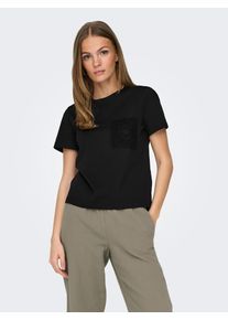 Jacqueline de Yong JDY Damen Kurzarmshirt "JDYSELMA S/S CROCHET POCKET TOP JRS NOOS", schwarz, modisch, Gr. XS, unifarben, Jersey, Obermaterial: 100% Baumwolle, Shirts