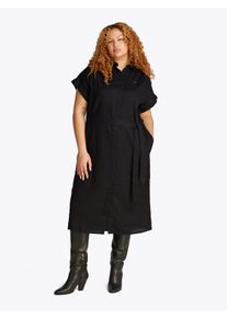 Damen Midikleid "CRV ESS LI BELTED S/S MIDI DRESS", schwarz, casual, Gr. 46, Tommy Hilfiger Curve, unifarben, Web, Obermaterial: 100% Leinen,