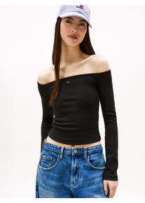 Tommy Jeans Damen Langarmshirt "TJW SLIM ESSENTIAL BOAT NECK LS", schwarz, casual, Gr. L, unifarben, Single Jersey, Obermaterial: 95% Baumwolle, 5%