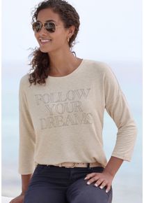 Lascana Damen 3/4-Arm-Shirt "mit Schriftzug aus Strasssteinen", beige, feminin, Gr. 36, Glitzermuster, unifarben mit Farbeinsatz, Single Jersey,