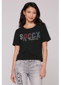 SOCCX Damen Rundhalsshirt, schwarz, casual, Gr. S, bedruckt, Material: 95% Baumwolle, 5% Elasthan, Shirts, mit Baumwolle