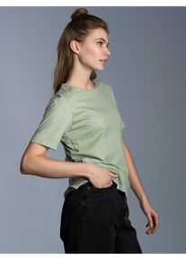 TRIGEMA Damen T-Shirt "TRIGEMA T-Shirt DELUXE Baumwolle mit Kristallsteinen", grün, Basic, Gr. M, 100% Baumwolle, Shirts