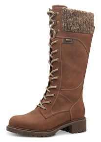 Tamaris Damen Winterstiefel, Gr. 37, braun, Nubuklederimitat, Textil, unifarben mit Farbeinsatz, casual, Schuhe, Blockabsatz, Schnürstiefel,