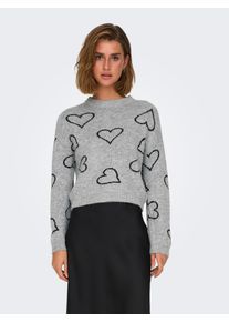 Only Damen Rundhalspullover "ONLHAPPIE LS HEART O-NECK KNT", grau, modisch, Gr. L, gemustert, Strick, Obermaterial: 85% Polyacryl, 15% Polyester,