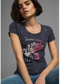 Kangaroos Damen T-Shirt, blau, casual, Gr. 36, meliert, bedruckt, Rippware, Obermaterial: 60% Baumwolle, 40% Polyester, Shirts, Kurzarm, figurbetonte