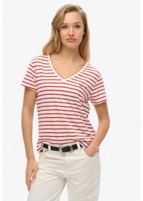Superdry Damen V-Shirt "STUDIOS SLUB EMB VEE TEE"varsity rot, optic stripe, casual, Gr. M, gestreift, Single Jersey, Obermaterial: 60% Baumwolle, 40%