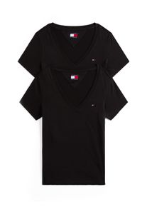 Tommy Jeans Damen T-Shirt "TJW 2PACK V-NECK TEE", schwarz, casual, Gr. M, unifarben, Jersey, Obermaterial: 100% Baumwolle, Shirts, mit Logostickerei