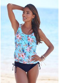 Lascana Damen Bikini-Hose "Malia", blau, Gr. 36, unifarben, Microfaser, Polyamid, Microfaser, Badehosen, mit seitlicher Raffung mit tropischem Print
