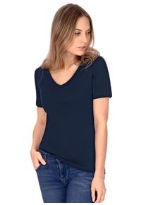 TRIGEMA Damen T-Shirt "TRIGEMA V-Shirt aus Baumwolle/Elastan", blau, Basic, Gr. M, 95% Baumwolle, 5% Elastan, Shirts
