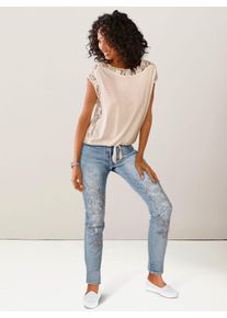Heine Damen Spitzenshirt "Spitzen-Shirt", beige, Gr. 44, unifarben, 95% Viskose, 5% Elasthan, Spitze:80% Baumwolle, 20% Polyester, Shirts
