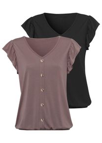Lascana Damen Kurzarmshirt "mit Zierknopfleiste und Flügelärmelchen", grau, feminin, Gr. 36, unifarben, Obermaterial: 65% Polyester (REPREVE), 35%