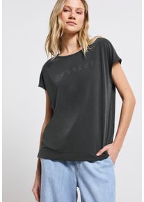 Street One Damen T-Shirt, grau, casual, Gr. 42, unifarben, bedruckt, Jersey, Obermaterial: 70% Modal, 30% Polyester, Shirts, mit Wording aus