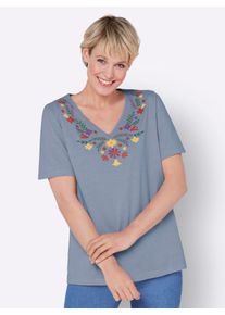 Classic Basics Damen V-Shirt "Kurzarm-Shirt", blau, Gr. 40, geblümt, gemustert, mehrfarbig, 100% Baumwolle, Shirts
