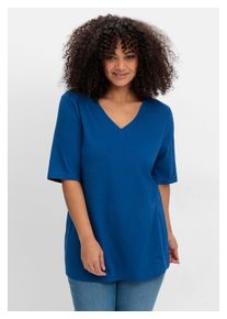 sheego Damen T-Shirt "Große Größen", blau, casual, Gr. 46, unifarben, Obermaterial: 95% Baumwolle, 5% Elasthan, Shirts, mit V-Ausschnitt, leicht