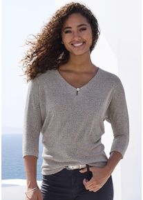 Lascana Damen 3/4-Arm-Shirt "mit funkelndem Strassknopf", grau, feminin, Gr. 36, Strukturmuster, unifarben, Strick, Obermaterial: 77% Viskose