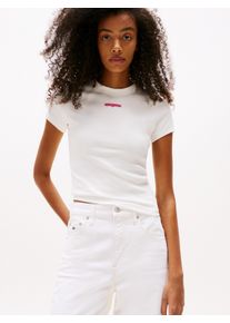 Tommy Jeans Damen Kurzarmshirt "TJW SLIM SCRIPT LABEL SS TEE EXT", beige, casual, Gr. M, unifarben, Single Jersey, Obermaterial: 95% Baumwolle, 5%