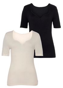 Vivance Damen T-Shirt, beige, feminin, Gr. 44, unifarben, Rippware, Obermaterial: 95% Viskose, 5% Elasthan, Shirts, mit herzförmigen Dekolleté