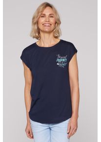 SOCCX Damen Rundhalsshirt, blau, casual, Gr. M, bedruckt, Material: 50% Polyester, 50% Viskose, Shirts, mit überschnittenen Schultern