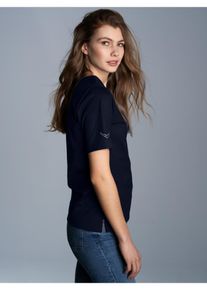TRIGEMA Damen T-Shirt "TRIGEMA T-Shirt DELUXE Baumwolle mit Kristallsteinen", blau, Basic, Gr. XL, 100% Baumwolle, Shirts