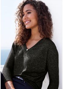 Lascana Damen 3/4-Arm-Shirt "mit funkelndem Strassknopf", schwarz, feminin, Gr. 36, Strukturmuster, unifarben, Strick, Obermaterial: 85% Viskose