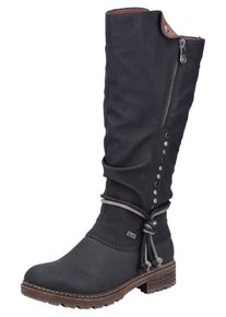 Rieker Damen Winterstiefel, Gr. 43, schwarz, Lederimitat, casual, Schuhe, Langschaftstiefel, Blockabsatz, TEX-Membran, Nieten und Kordel
