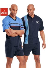 Le Jogger Herren Pyjama, Gr. 44, blau, Obermaterial: 100% Baumwolle, unifarben, Basic, Homewear-Sets, kurzer Schlafanzug mit V-Auschnitt
