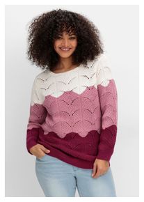 sheego Damen Rundhalspullover "Große Größen", lila, feminin, Gr. 46, gestreift, Grobstrick, Obermaterial: 100% Baumwolle, Pullover, im Ajourstrick,