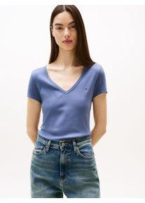 Tommy Jeans Damen T-Shirt "TJW SLIM ESSENTIAL RIB V SS"blau moment, casual, Gr. L, unifarben, Rippware, Obermaterial: 95% Baumwolle, 5% Elasthan,