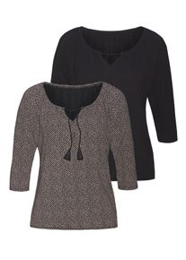 Lascana Damen 3/4-Arm-Shirt "mit modischen Tasseln", schwarz, modisch, Gr. 32, bedruckt, unifarben, Single Jersey, Obermaterial: 95% Viskose (LENZING