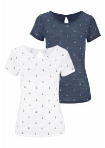Beach Time BEACHTIME Damen T-Shirt, blau, casual, Gr. 32, gemustert, Obermaterial: 90% Polyester, 10% Leinen, Shirts, mit maritimem Anker-Druck