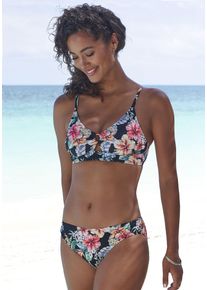 Lascana Damen Triangel-Bikini-Top "Salsa", schwarz, Gr. 36, bedruckt, geblümt, Microfaser, Recycling-Polyamid, Bikini-Oberteile, mit Zierring und